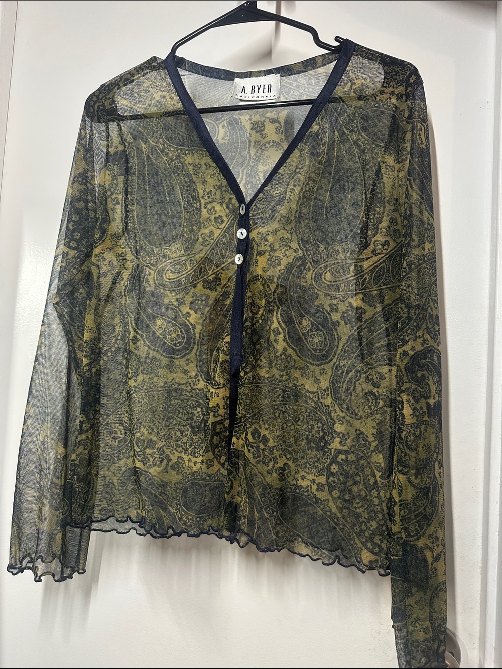 A. Byer Olive and Black Sheer Paisley Button-Front Long Sleeve Top